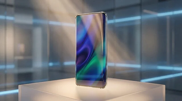 Un smartphone futuriste en verre posé sur un socle lumineux dans un décor technologique épuré.
