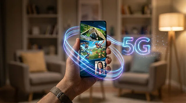 Main tenant un smartphone avec des effets lumineux 5G, affichant un jeu vidéo, une vidéo et un appel en visioconférence.