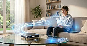 Une personne utilise un ordinateur portable sur un canapé, connectée sans fil à une Freebox Pop émettant un flux lumineux.