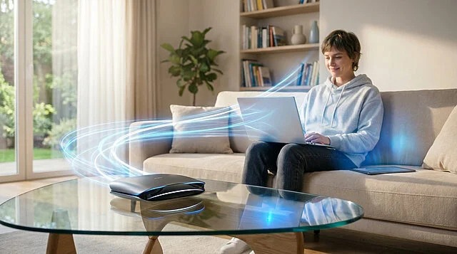 Une personne utilise un ordinateur portable sur un canapé, connectée sans fil à une Freebox Pop émettant un flux lumineux.