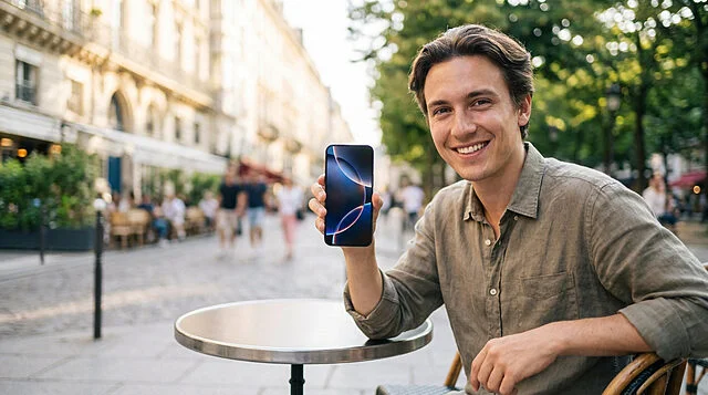 Offre Orange : 50 000 eSIM 5G offertes cet été Un jeune homme souriant assis à la terrasse d'un café, tenant un smartphone affichant un fond d'écran abstrait.