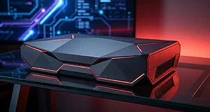 Une console de jeu noire au design angulaire avec des bandes LED rouges, posée sur un bureau en verre.