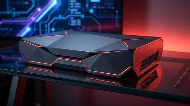 Le design futuriste d'une Steam Machine en 2026 Une console de jeu noire au design angulaire avec des bandes LED rouges, posée sur un bureau en verre.