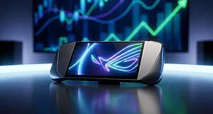 Une console portable futuriste posée sur une table devant un écran affichant des courbes boursières lumineuses.