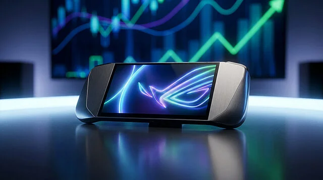 Prix et enjeux de la future Nintendo Switch 2 Une console portable futuriste posée sur une table devant un écran affichant des courbes boursières lumineuses.