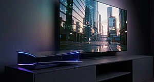 Une console PS5 Pro noire avec des leds bleues posée sur un meuble TV devant un écran affichant une ville urbaine.