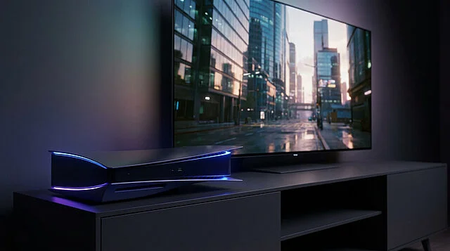 Sony PS5 Pro : Performance et Immersion 4K Une console PS5 Pro noire avec des leds bleues posée sur un meuble TV devant un écran affichant une ville urbaine.