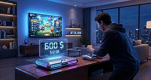 Un joueur manette en main face à une TV, avec une console futuriste affichant holographiquement "600 $" et "512 Go".