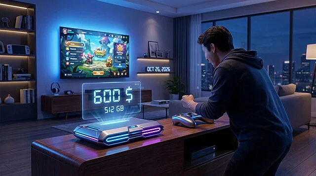 Steam Machine : Prix et stockage affichés Un joueur manette en main face à une TV, avec une console futuriste affichant holographiquement "600 $" et "512 Go".