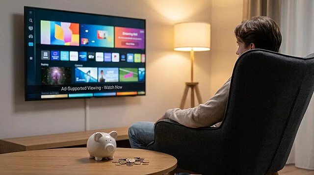Abonnement Netflix avec publicité : économisez intelligemment Un homme regarde un téléviseur affichant une offre publicitaire Netflix, avec une tirelire sur la table au premier plan.