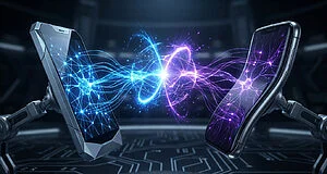 Deux smartphones stylisés face à face avec des flux d'énergie bleue et violette symbolisant l'intelligence artificielle.