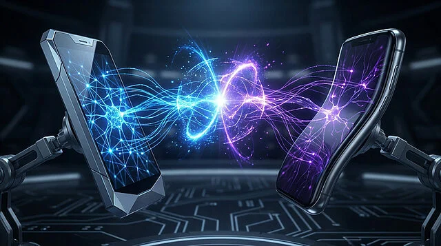 Duel technologique : iPhone 18 Pro contre Samsung S26 Deux smartphones stylisés face à face avec des flux d'énergie bleue et violette symbolisant l'intelligence artificielle.