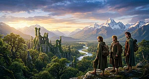 Trois Hobbits contemplant des ruines antiques devant une rivière et des montagnes enneigées sous un ciel crépusculaire.