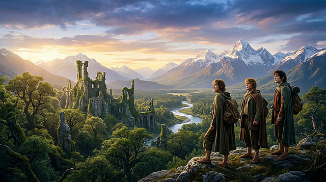 Le Seigneur des Anneaux : une nouvelle épopée en vue Trois Hobbits contemplant des ruines antiques devant une rivière et des montagnes enneigées sous un ciel crépusculaire.