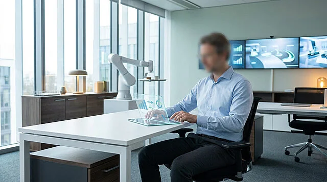 Un homme d'affaires utilise un écran tactile holographique dans un bureau moderne avec un bras robotisé en arrière-plan.