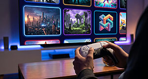Personne jouant à la PS5 avec une manette DualSense, écran affichant des démos de jeux futuristes et fantastiques, lumières bleues.