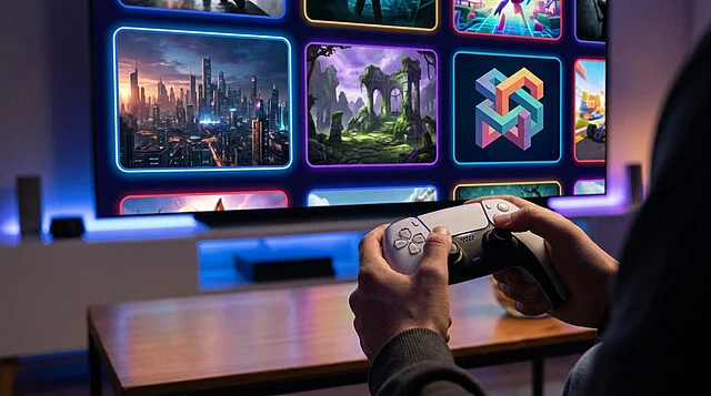 Plongez dans les nouvelles démos PS5 sur le Store Personne jouant à la PS5 avec une manette DualSense, écran affichant des démos de jeux futuristes et fantastiques, lumières bleues.