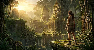 Lara Croft debout face à des ruines de temple en pierre envahies par la végétation dans une forêt tropicale.