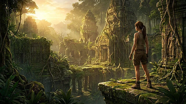 Lara Croft debout face à des ruines de temple en pierre envahies par la végétation dans une forêt tropicale.