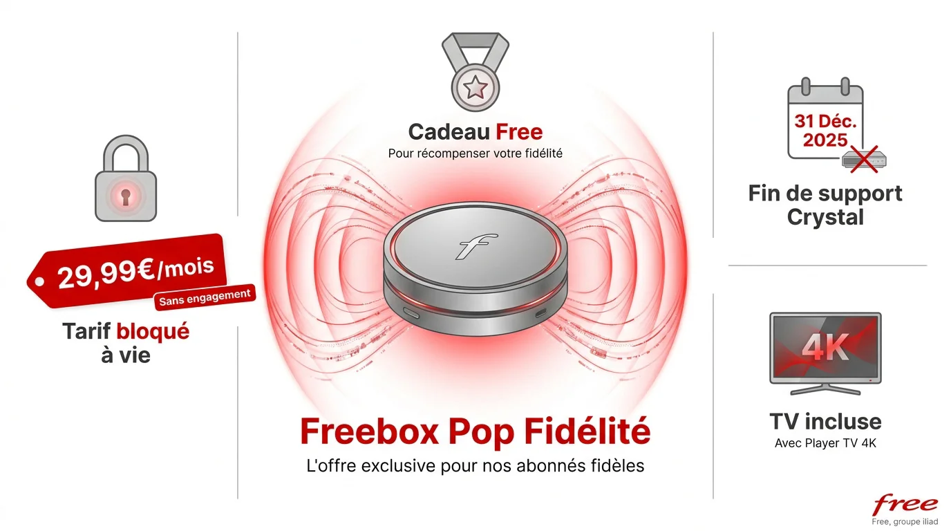 Offre Freebox Pop Fidélité avec tarif bloqué à 29,99 euros par mois à vie