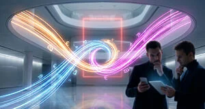 Deux hommes d'affaires analysent des données numériques symbolisées par des flux de lumière colorés dans un hall moderne.