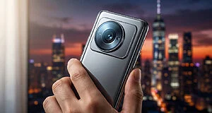 Une main tient un smartphone Galaxy S27 Ultra argenté avec un grand module photo, devant une ville illuminée au coucher du soleil.