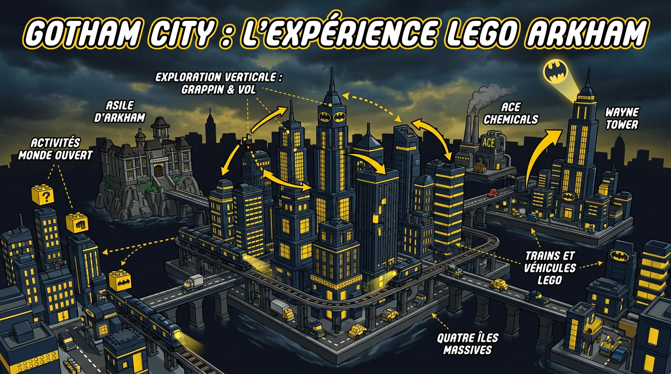 Vue aérienne de Gotham City en briques LEGO avec la Batmobile en action