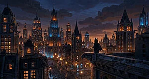 Une figurine Lego Batman observe une ville géante de Gotham faite de briques Lego, sous un ciel crépusculaire, avec des bâtiments éclairés.