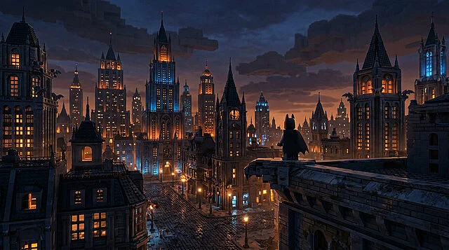 Lego Batman : Gotham géante sous le crépuscule Une figurine Lego Batman observe une ville géante de Gotham faite de briques Lego, sous un ciel crépusculaire, avec des bâtiments éclairés.