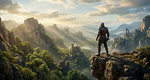 Chevalier en armure se tenant sur un sommet rocheux, contemplant un vaste paysage montagneux et forestier avec des ruines antiques sous un ciel lumineux.
