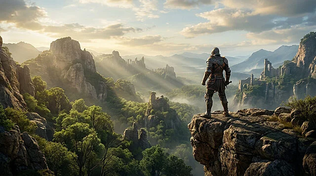 Panorama majestueux de Pywel : le mod Crimson Desert Chevalier en armure se tenant sur un sommet rocheux, contemplant un vaste paysage montagneux et forestier avec des ruines antiques sous un ciel lumineux.