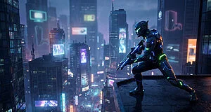 Un soldat futuriste en armure néon sur un toit surplombant une ville cyberpunk sombre et illuminée.