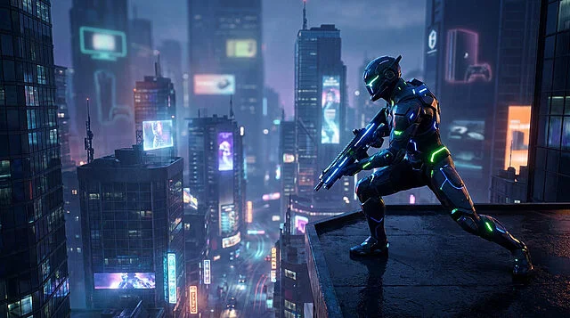 Marathon : L'Open Play Week Bungie Un soldat futuriste en armure néon sur un toit surplombant une ville cyberpunk sombre et illuminée.