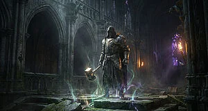 Un guerrier en armure sombre portant un marteau dans une cathédrale en ruines baignée d'effets magiques.