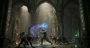 Un guerrier en armure combat des créatures monstrueuses avec une hache magique dans un temple ancien.