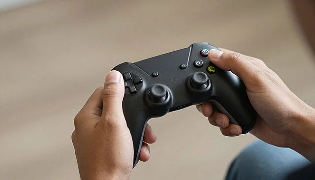 Manette de jeu: L'horreur de Bourg-Clocher à 60 FPS Deux mains d'une personne tenant fermement une manette de jeu vidéo noire avec des joysticks et boutons colorés sur un fond flou.