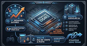 Infographie détaillant comment la demande IA augmente les coûts de la mémoire DDR5 et des composants, influençant la stratégie de prix de Valve pour la Steam Machine, nécessitant une marge positive.