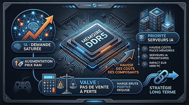 Impact de l'IA sur le prix de la Steam Machine Infographie détaillant comment la demande IA augmente les coûts de la mémoire DDR5 et des composants, influençant la stratégie de prix de Valve pour la Steam Machine, nécessitant une marge positive.