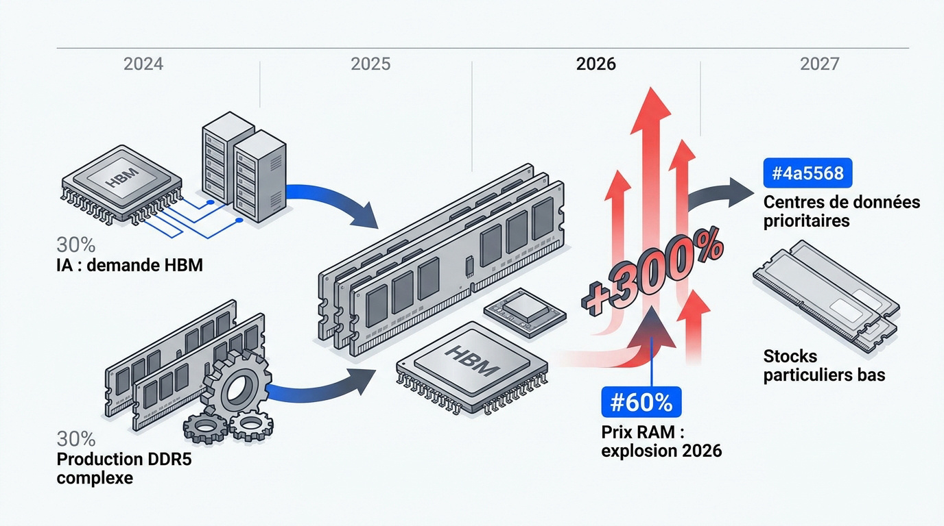 Graphique montrant l'augmentation fulgurante des prix de la mémoire RAM DDR5 en 2026