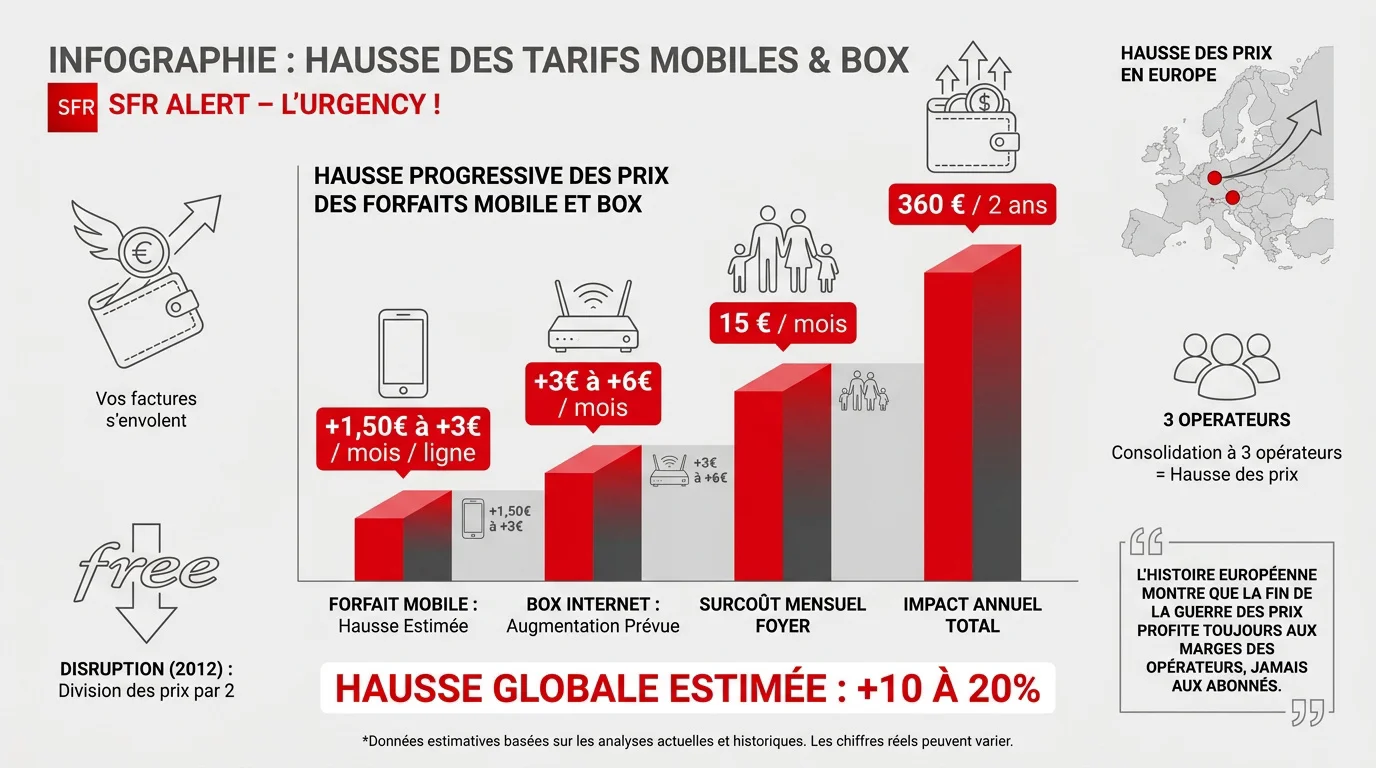 Graphique illustrant la hausse des prix des forfaits mobiles et box internet suite au rachat de SFR