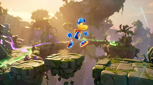 Aperçu de Rayman Legends Retold en 3D Rayman portant une tenue bleue et orange saute entre des plateformes en pierre dans un environnement 3D luxuriant.