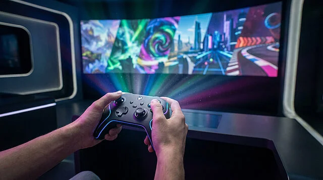 Jeux gratuits Epic Games Store : sélection juin 2026 Mains d'un joueur tenant une manette illuminée devant un écran incurvé diffusant un jeu vidéo futuriste coloré.