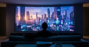 Une personne assise devant un écran géant affichant une ville futuriste de style GTA, avec une console de jeu au premier plan.