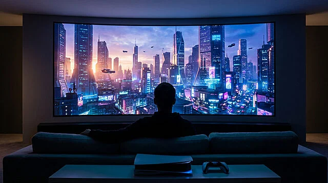 GTA 6 : Rumeurs autour d'un trailer avant le State of Play Une personne assise devant un écran géant affichant une ville futuriste de style GTA, avec une console de jeu au premier plan.