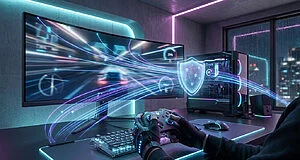 Un joueur utilisant une manette devant un PC gaming avec des flux de données numériques traversant l'écran.