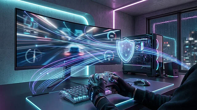 Optimiser son ping en jeu : le rôle du VPN Un joueur utilisant une manette devant un PC gaming avec des flux de données numériques traversant l'écran.