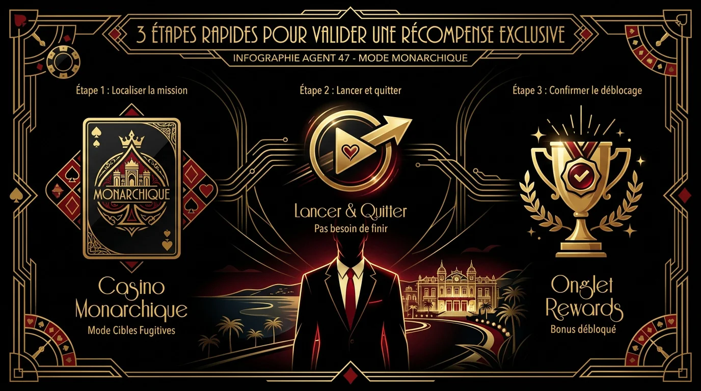 Infographie expliquant les 3 étapes pour débloquer la tenue Casino Suit via la mission Le Chiffre