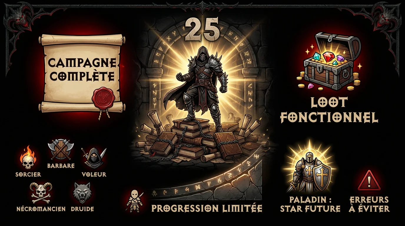 Infographie Diablo 4 détaillant l'accès à la campagne complète et la limite de niveau 25 pour les Free Play Days