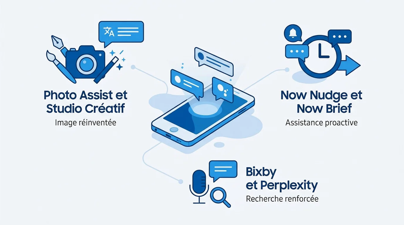 Infographie présentant les capacités de l'intelligence artificielle Galaxy AI sur One UI 8.5