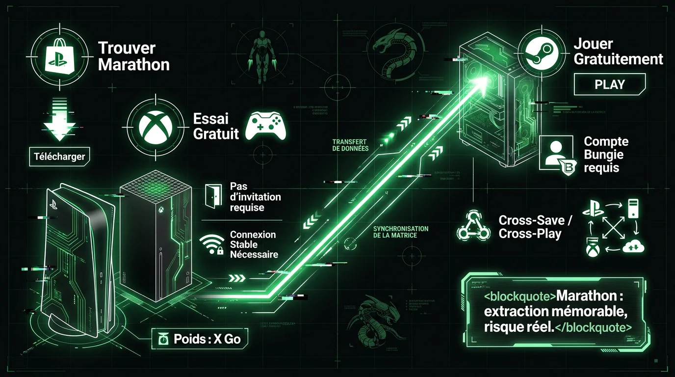 Infographie détaillant l'accès multiplateforme et la synchronisation du jeu Marathon